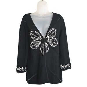 Monterey Bay Black & White Floral‎ Single-Button Front Cardigan Sz L Cotton Knit